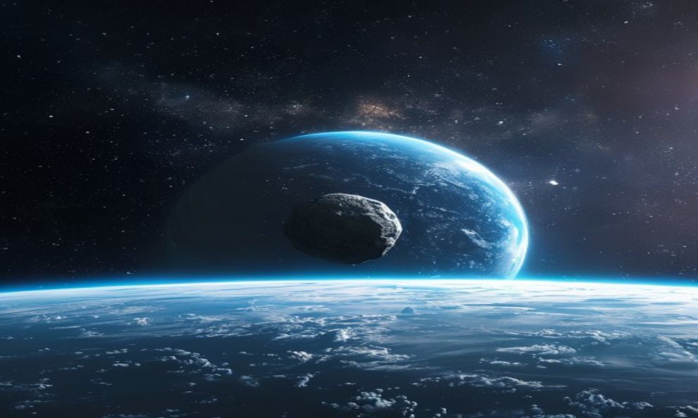 広大な地球を背景に、その手前を小さな岩塊のように通過する小惑星のイメージ