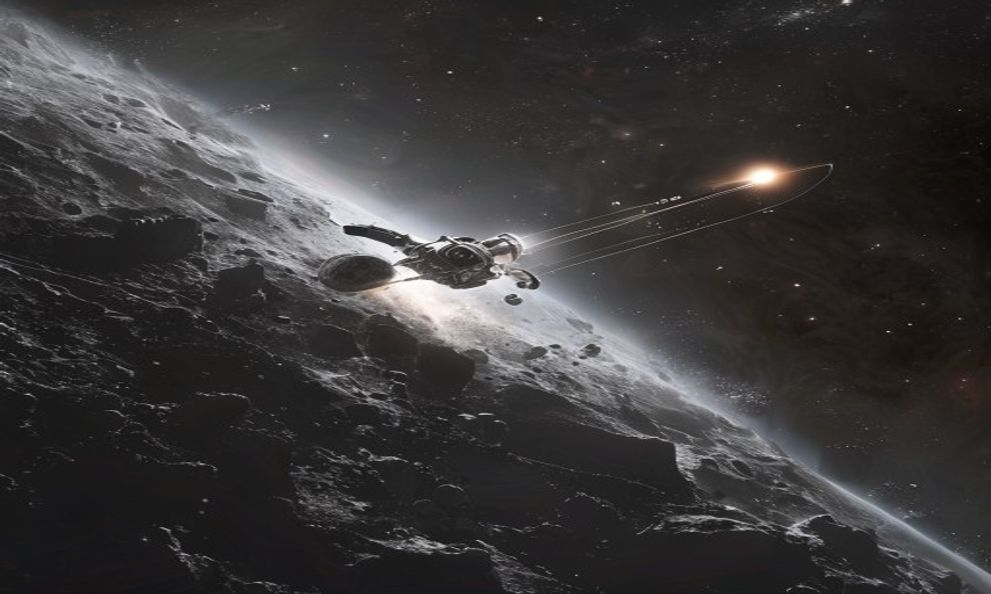 小惑星の岩肌のすぐ脇に滞在する探査機。両者の間にうっすらと重力のつながりが描かれている