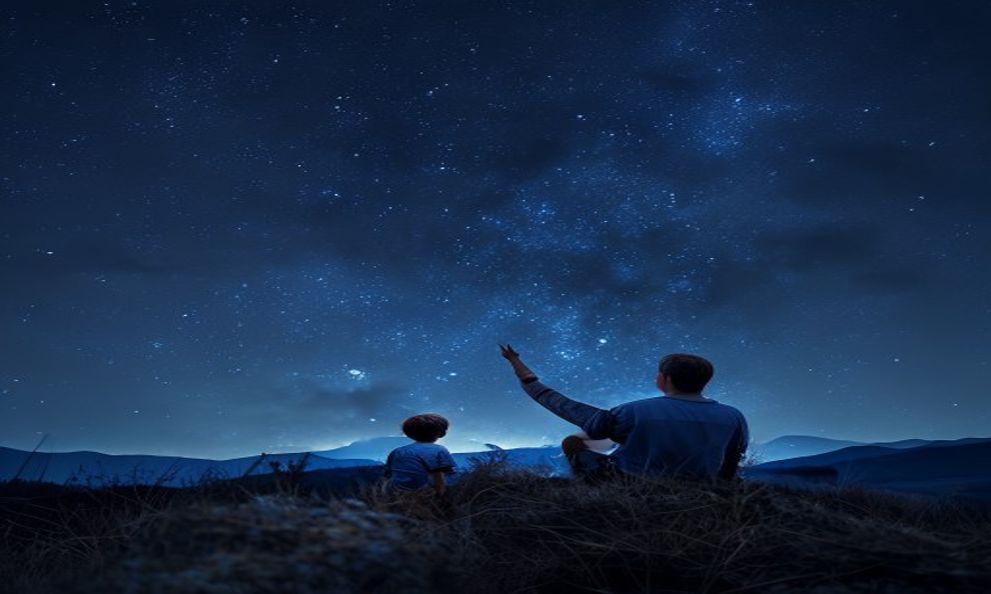 親子で夜空を見上げて、子供が星を指差すイメージ