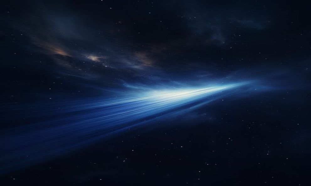 深い青の宇宙空間を光の筋が一直線に駆け抜けていくイメージ