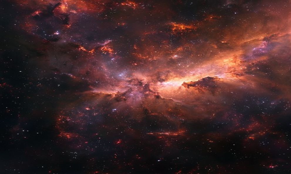 ビッグバンから数億年後の初期宇宙のイメージ。赤・橙・桃色に光る原始ガスの雲のなかで、最初の銀河たちが明るく形作られ始めている