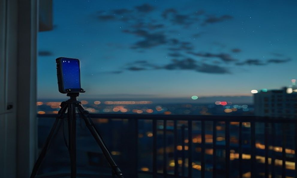 都会のベランダで三脚に固定されたスマートフォンが、街灯りの先の夜空に向けられている