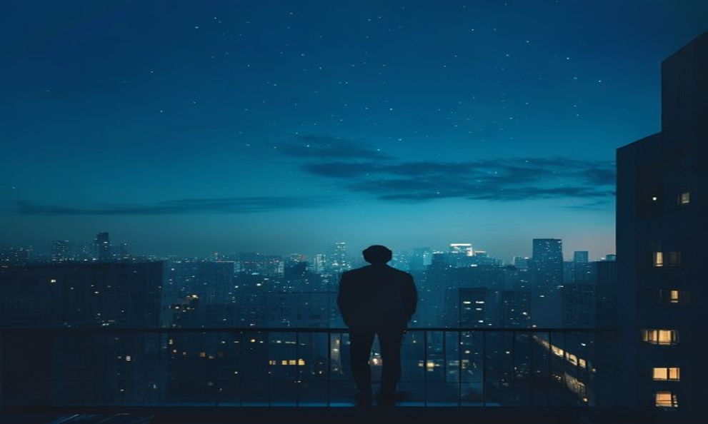 マンションのベランダから街並みの先の夜空を見上げる人物のシルエット。空には光害を抜けたわずかな星が残っている